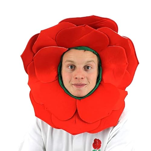 I LOVE FANCY DRESS England Rose Hat Rugby Nations Outfit Englische Fans Zubehör Team - Rote Kopfbedeckung mit Blütenblättern und grüner Kapuze - Euro Flower World Cup Fußball Zubehör x12 von I LOVE FANCY DRESS