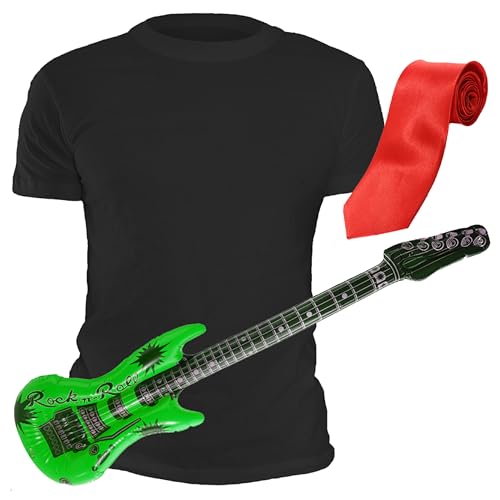 I LOVE FANCY DRESS Erwachsenenkostüm American Idiot – Größe L – rote Krawatte, schwarzes T-Shirt und neongrüne Gitarre – perfekt für Musik-Mottopartys von I LOVE FANCY DRESS