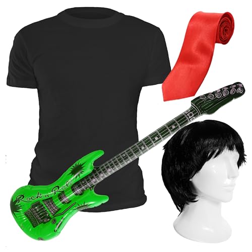 I LOVE FANCY DRESS Erwachsenenkostüm American Idiot – Medium – kurze schwarze Perücke, rote Krawatte, schwarzes T-Shirt und aufblasbare neongrüne Gitarre – perfekt für Musik-Mottopartys von I LOVE FANCY DRESS