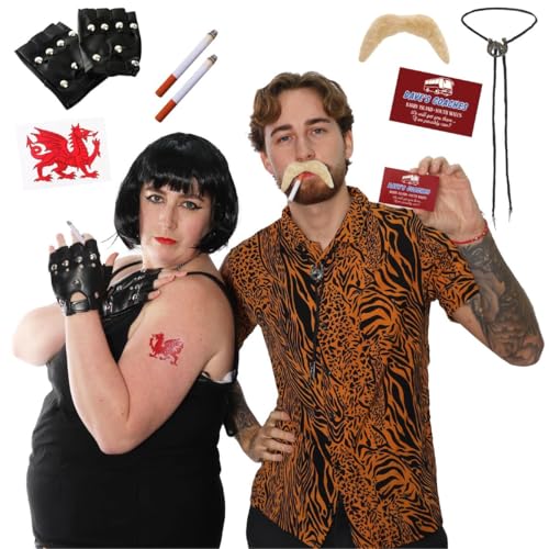 I LOVE FANCY DRESS Erwachsenenkostüm für TV-Figuren, Bob-Perücke, walisische Tattoo-Handschuhe, gefälschte Zigaretten, Tiger-Druck, Hemd, Bolo, Krawatte, Visitenkarte, Größe M von I LOVE FANCY DRESS