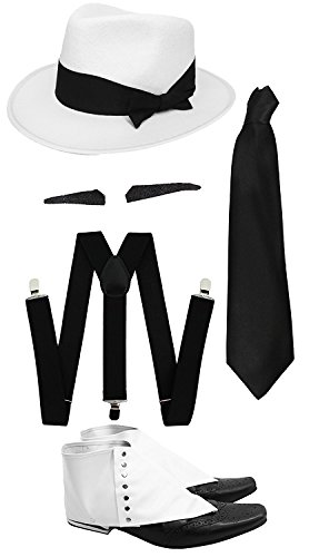 I LOVE FANCY DRESS Gangster Kostüm der 1920er Reihe -Zubehör Set Deluxe -Schwarze Hosenträger + Schwarze Krawatte + Schwarzer Spiv/Schnurrbart + Gamaschen + Weißer-Hut von I LOVE FANCY DRESS