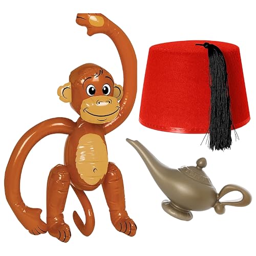 I LOVE FANCY DRESS Gold Genie Lampe, Red Fez & Aufblasbarer Affe Set - Kunststoff Gold Genie Lampe, Red Fez Hut mit schwarzer Quaste und aufblasbarem Affe - Perfekt für den Welttag des Buches & andere von I LOVE FANCY DRESS