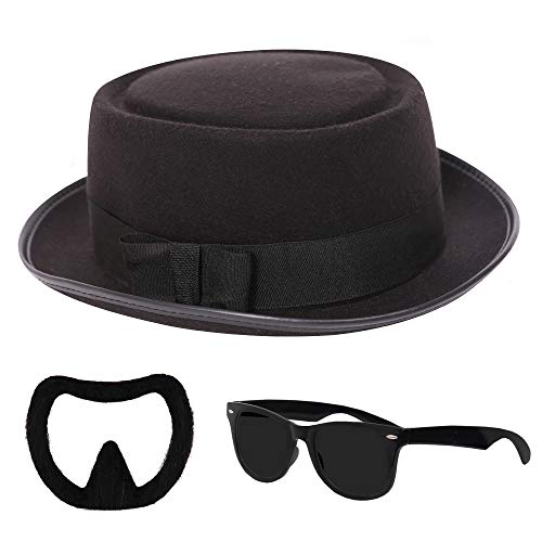 I LOVE FANCY DRESS HEISENBERG ZUBEHÖR FÜR ERWACHSENE KLASSISCHER SCHWARZER PORK PIE HAT MIT ZIEGENBART UND SCHWARZE SONNENBRILLE TV-SHOW CHARAKTER PORK PIE HAT FÜR ERWACHSENE GRÖSSE 58 CM von I LOVE FANCY DRESS