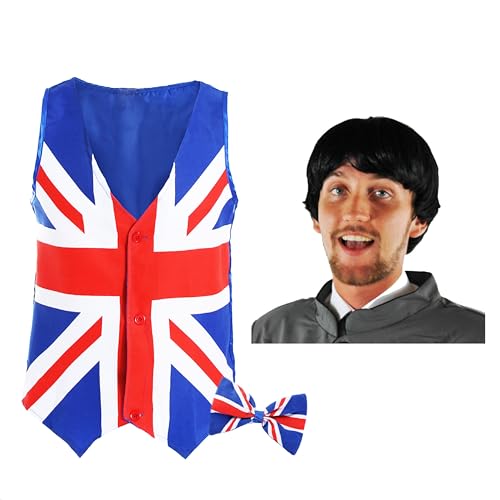 I LOVE FANCY DRESS Herren 60er Jahre Mod Kostüm – Größe XXXL – Union Jack-Weste, Fliege und schwarze Perücke – für 60er-Jahre-Motto- und britische Veranstaltungen von I LOVE FANCY DRESS