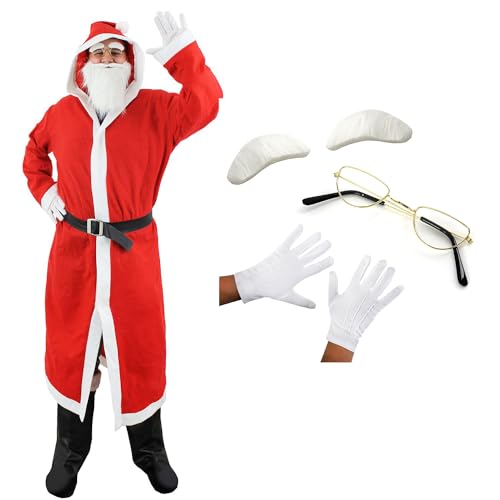 I LOVE FANCY DRESS Herren Budget Weihnachtsmann-Kostüm mit Zubehör – 5-teiliges Weihnachtsmann-Kostüm – rote Weihnachtsmannjacke + elastischer Bart + künstliche Augenbrauen + Handschuhe + Brille – von I LOVE FANCY DRESS