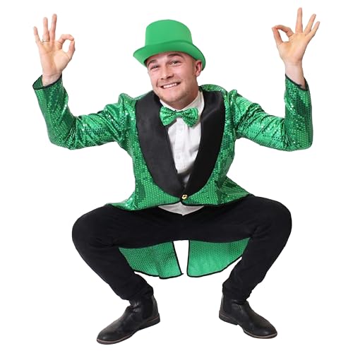 I LOVE FANCY DRESS Irischer Kobold-Kostüm für Erwachsene mit grünem Zylinder, Größe L, grüner Pailletten-Frack, grüne Pailletten-Fliege und grüner Satin-Zylinderhut – perfekt für St. Patrick's Day von I LOVE FANCY DRESS