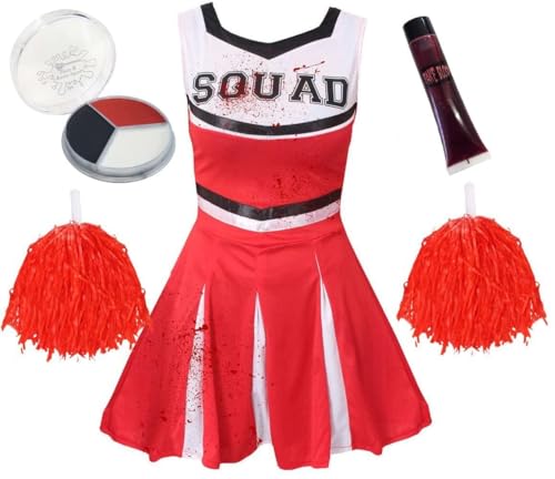 I LOVE FANCY DRESS Kind Zombie Cheerleader KOSTÜM - MÄDCHEN Zombie Cheerleader KOSTÜM MIT POM POMS, Blut, GESICHTSBEMALUNG (X-GROẞ - ROT) von I LOVE FANCY DRESS