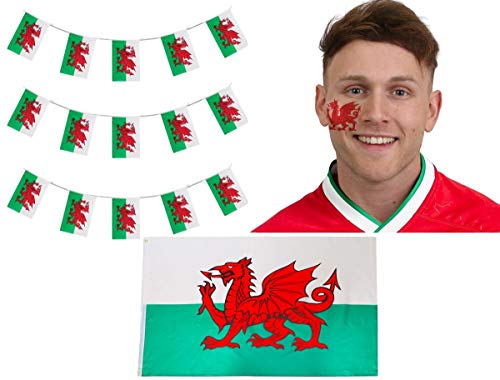 I LOVE FANCY DRESS LTD Welsh Flagge, Wales-Wimpelkette und Drachen Tattoos – Allwetter-Wimpelkette aus Kunststoff – Dragon Tattoos plus 10 Meter von 20 x 30 cm – Rugby Football St Davids Day von I LOVE FANCY DRESS