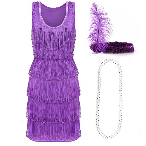 I LOVE FANCY DRESS Lila Deluxe Flapper Kleid - Medium - Damen Deluxe Lila Flapper Kostüm mit passendes Paillettenstirnband und Silberperlenkette - Partykleid der 1920er Jahre von I LOVE FANCY DRESS