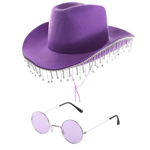 I LOVE FANCY DRESS Lila Diamant Cowgirl Hut und Brille - Lila Filz Cowboyhut mit Strass Fransen und Lila Kreisbrille - Erwachsene Musik Festival Junggesellinnenabschied Zubehör Set von I LOVE FANCY DRESS