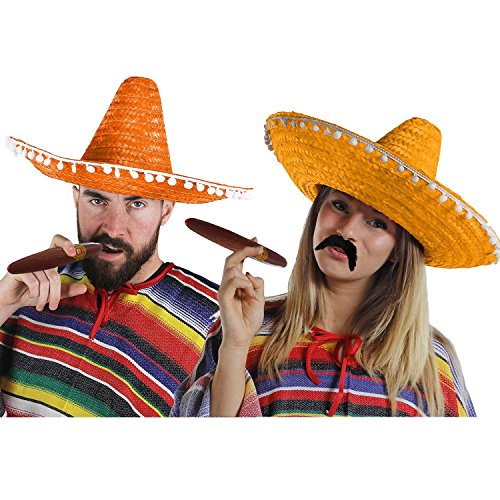 I LOVE FANCY DRESS Mexikaner Paar KOSTÜM VERKLEIDUNG = 2 Ponchos+2 SOMBREROS+2 Dicke Plastik ZIGARREN+ 2 MEXIKANISCHE SCHNURRBÄRTE=Fasching Karneval=ORANGE SOMBREROS von I LOVE FANCY DRESS