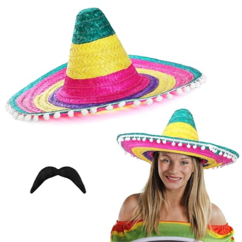 I LOVE FANCY DRESS Mexikanische Sombreros Zubehör Set - 24 Stück - Multicolor Sombrero mit weißen Pompons und mexikanischem Schnurrbart - Zubehör für mexikanische Partys Fiesta Party Uni von I LOVE FANCY DRESS