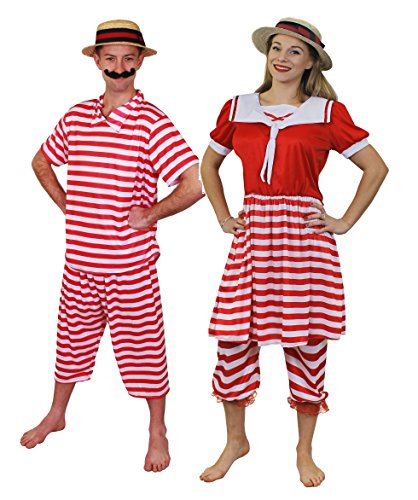 I LOVE FANCY DRESS NOSTALGIE PAARE BADEANZÜGE VIKTORIANISCHEN ZEIT=ROT/WEIß GESTREIFTES BADE KOSTÜME 20iger 30iger JAHRE=RETRO KOSTÜM VERKLEIDUNG FASCHING KARNEVAL GRUPPEN VEREINE = MÄNNER-M+FRAUEN-S von I LOVE FANCY DRESS