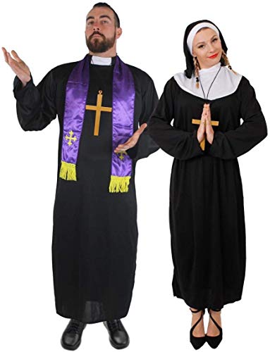 I LOVE FANCY DRESS Paare KOSTÜME VON Priester & NONNEN – Herren – Schwarze Robe UND EIN LILA SCHAL + DAMENTUNIK MIT WEIßEM Kragen UND EINEM SCHWARZEN SEILGÜRTEL UND EINEM GROSSEN GOLDENEN Kreuz von I LOVE FANCY DRESS