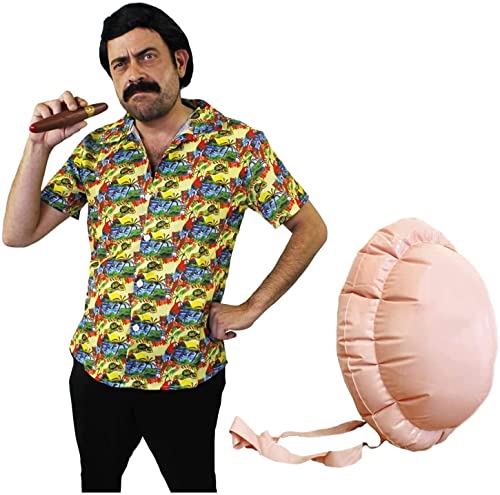 I LOVE FANCY DRESS Pablo Escobar KOSTÜM - GELBES Hawaiianer Hemd + PERÜCKE + Schnurrbart + ZIGARRE + AUFBLASBARER Bauch - PERFEKT FÜR Fernseher Filme Droge Lord KOSTÜME - GRÖẞE: XX-GROẞ von I LOVE FANCY DRESS