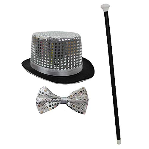 I LOVE FANCY DRESS Pailetten Zylinder HÜTE+Fliege+TANZSTOCK= KOSTÜM VERKLEIDUNG=Unisex =ERHALTBAR TOLLES ZUBEHÖR FÜR Karneval ODER Fasching ODER Silvester=Silber von I LOVE FANCY DRESS