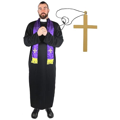 I LOVE FANCY DRESS Priester KOSTÜM FÜR MÄNNER MIT Kreuz - LANGES SCHWARZES Tunika MIT WEIẞEM Kragen + LILA SCHAL MIT GESTICKTEM GOLDKREUZ + GOLDENE Kreuz Halskette - GRÖẞE: XX-GROẞ von I LOVE FANCY DRESS