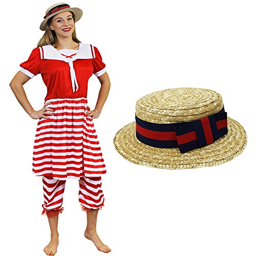 I LOVE FANCY DRESS RETRO BADEANZUG+STROHUT KOSTÜM VERKLEIDUNG VIKTORIANISCHEN =ROT/WEIß GESTREIFTES BADEKOSTÜM 20iger 30iger JAHRE=3 TEILIGE=FASCHING VERGANGENHEIT=XLARGE von I LOVE FANCY DRESS