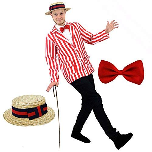 I LOVE FANCY DRESS ROTER WEIẞER Streifen Blazer + Strohhut MIT Marine & ROTER Schleife + ROTER Fliege Barbershop Edwardian PERFEKT FÜR KOSTÜM ODER BUCHWOCHE, Jacke 1920ER Jahre Show (X-GROẞ) von I LOVE FANCY DRESS