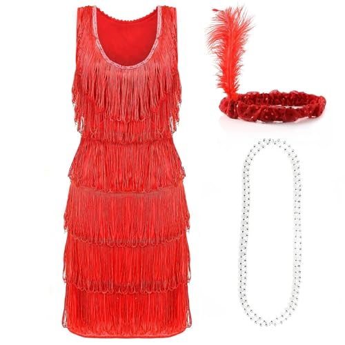 I LOVE FANCY DRESS Rot Deluxe Flapper Kleid - Large - Damen Deluxe Rot Flapper Kostüm mit passendes Paillettenstirnband und Silberperlenkette - Partykleid der 1920er Jahre von I LOVE FANCY DRESS