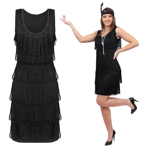 I LOVE FANCY DRESS Schwarz Deluxe Flapper Kleid - Small - Damen Deluxe Schwarz Flapper Kostüm mit passendes Paillettenstirnband und Silberperlenkette - Partykleid der 1920er Jahre von I LOVE FANCY DRESS