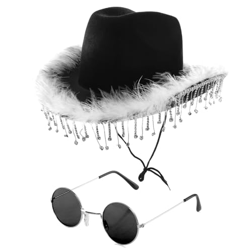 I LOVE FANCY DRESS Schwarzer Cowboyhut mit Strass und Brille aus schwarzem Filz mit Federbesatz und Strassfransen und schwarzen runden Gläsern – von I LOVE FANCY DRESS