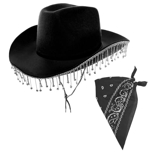 I LOVE FANCY DRESS Schwarzer Cowboyhut & Bandana mit Strass Fransen und schwarzem Paisley Bandana 12 Stück Schwarz Cowboyhut für Erwachsene Junggesellinnenabschied Wilder Westen Kostüm Zubehör Set von I LOVE FANCY DRESS