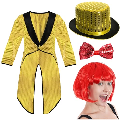 I LOVE FANCY DRESS Tanzendes Groupie-Kostüm für Erwachsene, Größe M, goldfarbener Zylinder, roter Bob-Perücke, goldener Pailletten-Frack und rote Pailletten-Fliege, perfekt für Halloween und von I LOVE FANCY DRESS