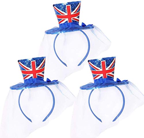 I LOVE FANCY DRESS Union-Jack-Hut – Rule Britannia Mini-Glitzer-Zylinder auf Kopfband mit Union Jack-Flagge und befestigtem Netz-Fascinator mit Schleier – VE Day Celebrations – 6 x Hut von I LOVE FANCY DRESS