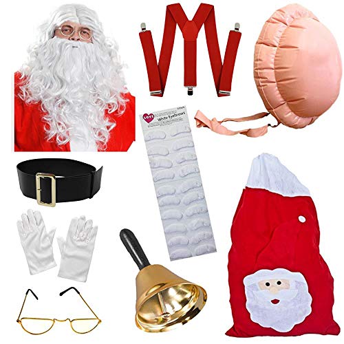 I LOVE FANCY DRESS WEIHNACHTSMANN ZUBEHÖR Set=PERÜCKE & BART & AUGENBRAUEN & Handschuhe & Brille & HOSENTRÄGER & Sack & Bauch & Glocke & GÜRTEL IN 3 LÄNGEN=Large-GÜRTEL LÄNGE -ca 157cm- von I LOVE FANCY DRESS