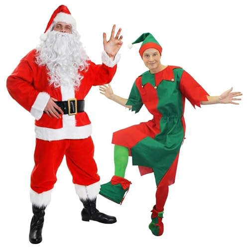 I LOVE FANCY DRESS Weihnachtskostüme für Erwachsene – 7-teiliges Weihnachtsmann-Kostüm + 4-teilige Elfentunika – Weihnachtsmann-Grotten und Weihnachts-Party-Kostüme (Weihnachtsmann: XLarge | Elf: von I LOVE FANCY DRESS