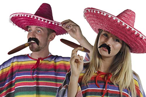 IDEALGIFTSHOP Mexikanische Sombrero-Hüte, Rot, 12 x Schnurrbart und 12 x gefälschte Jumbo-Zigarrenstrohhalme. von I LOVE FANCY DRESS