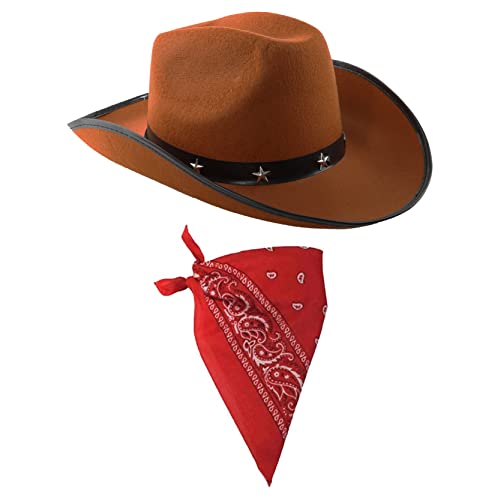 ILOVEFANCYDRESS Cowboy Zubehör-Set mit braunem Cowboyhut mit Stern-Nieten und Band und farbige Bandana / Tuch mit Paisley-Muster von I LOVE FANCY DRESS