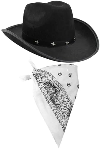 ILOVEFANCYDRESS Cowboy Zubehör-Set mit schwarzem Cowboyhut mit Stern-Nieten und Band und farbiges Bandana / Tuch mit Paisley-Muster von I LOVE FANCY DRESS