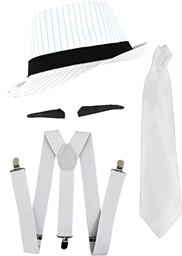 ILOVEFANCYDRESS Gangster Kostüm der 1920er Reihe -Zubehör Set Deluxe- Weiß Hosenträger + Weiße Krawatte + Schwarzer Spiv/Schnurrbart + Weißer Nadelstreifen-Fedora-Hut von I LOVE FANCY DRESS