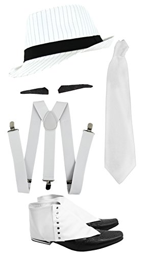 ILOVEFANCYDRESS Gangster Kostüm der 1920er Reihe -Zubehör Set Deluxe -Weiße Hosenträger + Weiße Krawatte + Schwarzer Spiv/Schnurrbart + Gamaschen + Weißer Nadelstreifen-Fedora-Hut von I LOVE FANCY DRESS