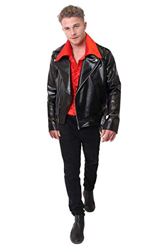 ILOVEFANCYDRESS Herren Night Fever Kostüm – 70er Jahre Disco Kostüm – Rot gerüschtes Hemd und schwarze Lederoptik Jacke (Größe M) von I LOVE FANCY DRESS