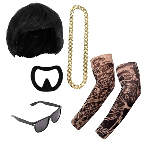 Ibiza Final Boss Kostüm Zubehör Set - Schwarze Schalenschnitt Perücke, Ziegenbart, Goldkette, Fake Tattoo Ärmel & Schattierungen - Lustiges Kostüm Kit für Festivals & Partys Trend - Einheitsgröße Ibiza Final Boss Kostüm Zubehör Set - Schwarze Schalenschnitt Perücke, Ziegenbart, Goldkette, Fake Tattoo Ärmel & Schattierungen - Lustiges Kostüm Kit für Festivals & Partys Trend - Einheitsgröße von I LOVE FANCY DRESS