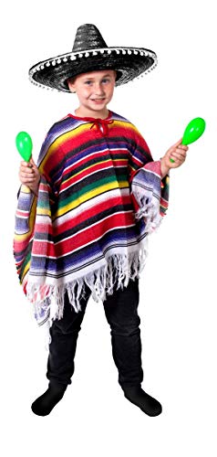 Ilovefancydress Mexikanisches Kinder-Kostüm für Jungen, Poncho + einfarbiger schwarzer Sombrero mit Bommeln von I LOVE FANCY DRESS