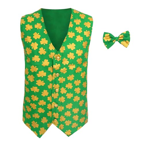 Kostüm St. Patricks Day – Grüne irische Taille mit gelbem Kleeblatt-Druck + passende Fliege – Rugby/Fußball-Fans. Größe: XL von I LOVE FANCY DRESS