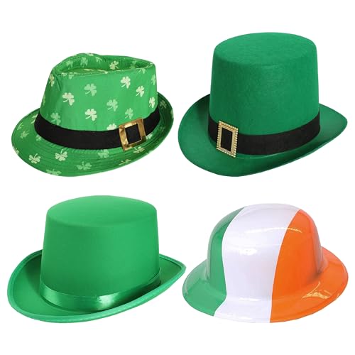 Irisches Hut-Set – grüner Zylinder, Kunststoff-Bowler-Hut, grüner Trilby-Hut und satingrüner Zylinderhut – perfekt für sechs Nationen, irische Veranstaltungen, Fußball, Rugby und St. Patrick's Day, 4 von I LOVE FANCY DRESS