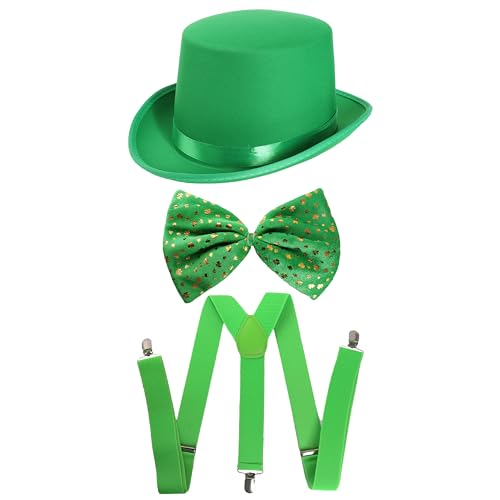 Irisches Kostümzubehör-Set, 6 Stück, grüner Satin-Zylinderhut, grüne Fliege mit Kleeblatt-Druck und Hosenträgern, St. Patricks Day, irisches Kostümzubehör-Set von I LOVE FANCY DRESS