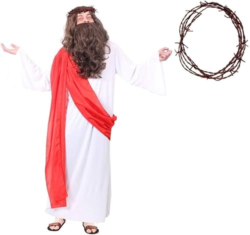 Jesus-Christus-Kostüm, Größe XL, weißer Bademantel mit roter Schärpe mit Dornenkrone, lustiges Herren-Kostüm, Party-Kostüm von I LOVE FANCY DRESS