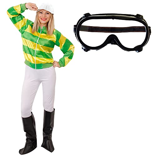 Jockey-Kostüm für Damen, grün und gelb gestreift, Jacke, Hose, Hut, Stiefelüberzüge und Brille, Größe XL von I LOVE FANCY DRESS