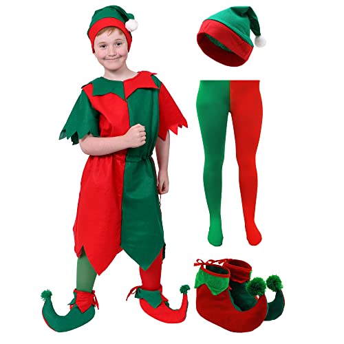 Jungen Elfenkostüm Weihnachten Verkleidung - Rot/Grün Tunika + Elfenmütze mit Pom Pom + Rot/Grün Strumpfhose und Elfenstiefel - Freche Weihnachtselfe Weihnachtsmanngrotte klein von I LOVE FANCY DRESS