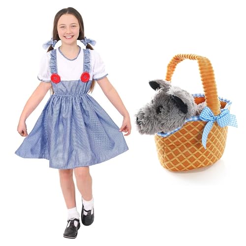 Kansas Mädchenkostüm für Kinder mit Hund und Korb, blau-weißes Kleid mit weißem T-Shirt, passenden Gingham-Haargummis und weichem blauen Gingham-Korb mit Terrier-Hundespielzeug, perfekt für den von I LOVE FANCY DRESS