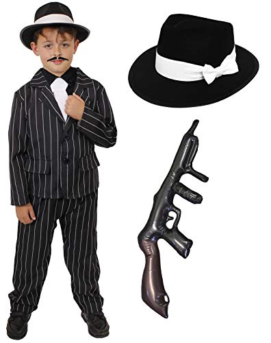 Kinder 1920 's Gangster Fancy Kleid Kostüm – Schwarz Nadelstreifen Anzug + White Tie + schwarz Trilby Hat + aufblasbare Tommy Gun – Jungen (4–14 Jahre) von I LOVE FANCY DRESS