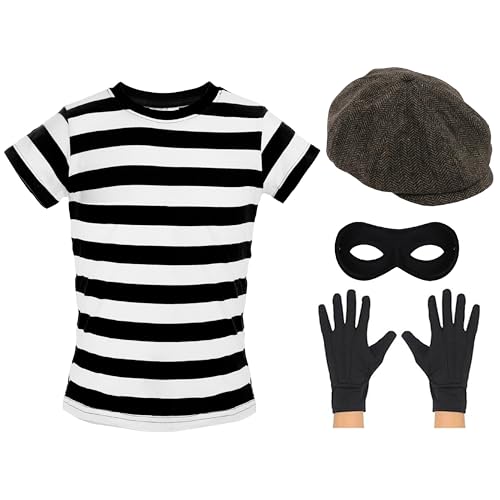 Kinder Einbrecher-Kostüm – groß – schwarz-weiß gestreiftes T-Shirt, schwarze Augenmaske, braune flache Kappe, schwarze Handschuhe – Kinderkostüm zum Weltbuchtag von I LOVE FANCY DRESS