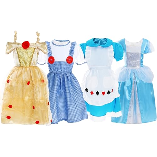 Kinder Prinzessin Spielbox Dress Up Set - 1 x goldenes Kleid, 1 x weiß und blaues Schürzenkleid, 1 x blaues Kleid mit weißer Schürze und 1 x langes blaues Kleid - perfekt für jede Kostümveranstaltung von I LOVE FANCY DRESS