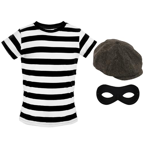 Kinderkostüm Einbrecher – groß – schwarz-weiß gestreiftes T-Shirt, schwarze Augenmaske und braune flache Kappe – Kinderbuchwoche Weltbuchtag Kostüm von I LOVE FANCY DRESS